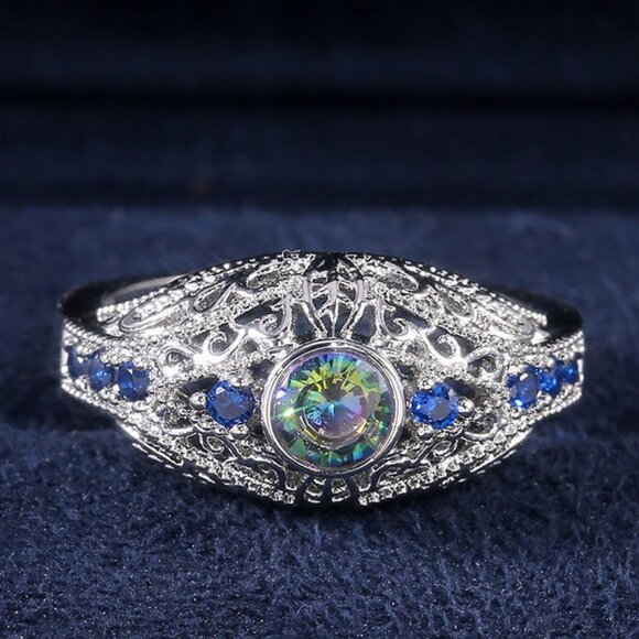 Colorful Gem Royal Blue Zircon Anillos Vintage Luxury Rings for Women PD117